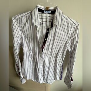 JED Cotton Long Sleeve Button Down Shirt, white with purple stripes, US S